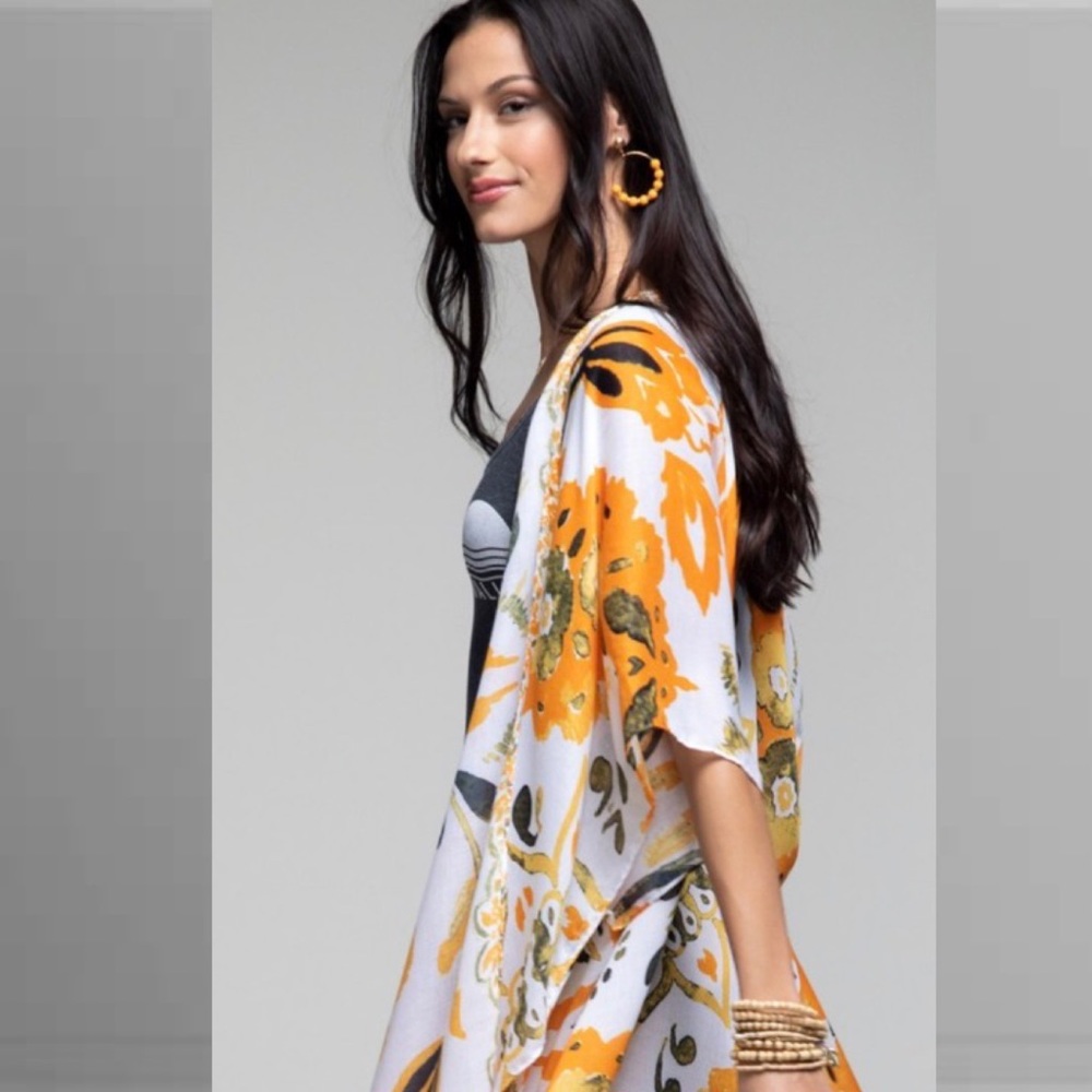 Tangerine Bohemian Design And Floral Print Kimono Duster - Picture 3 of 8